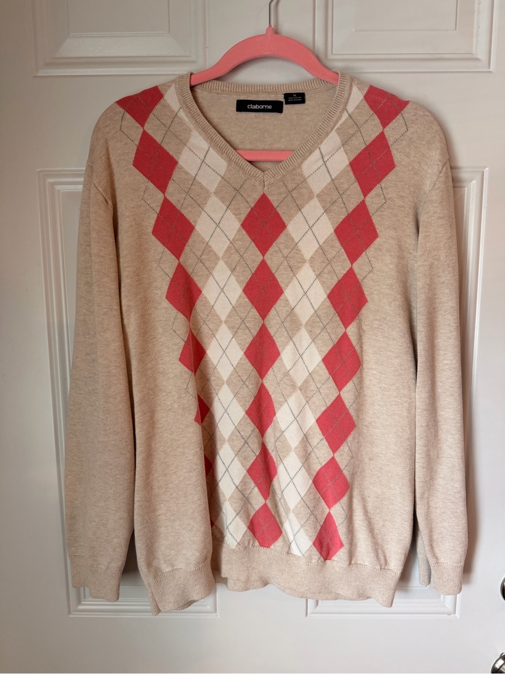 Claiborne Beige V-Neck Argyle Sweater with Coral Accents